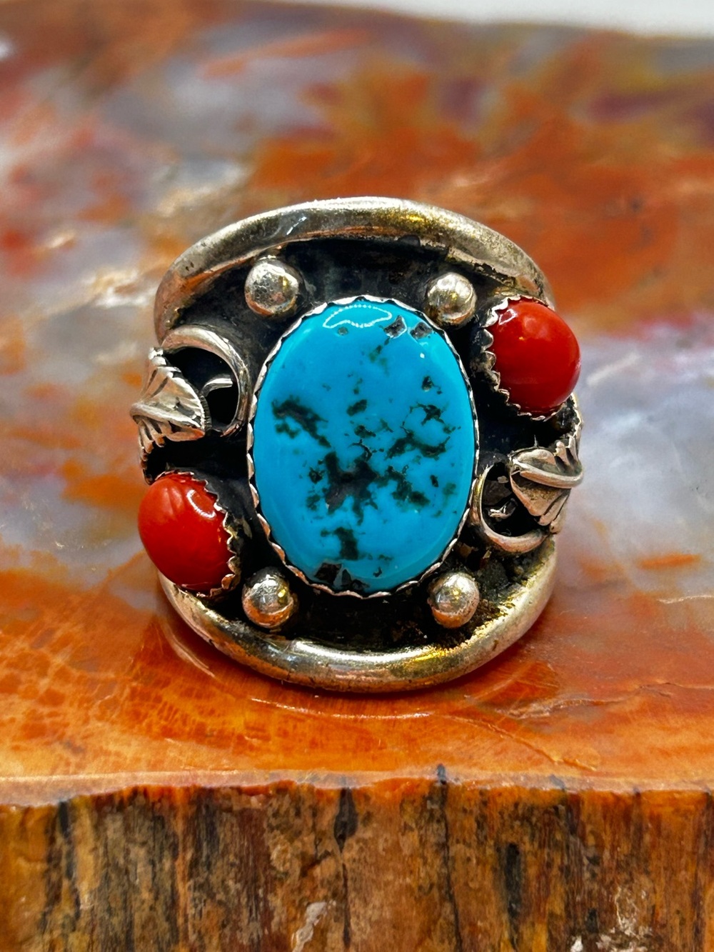 Mens Southwest Sterling Silver Turquoise and Coral Ring, handcrafted - Size 10